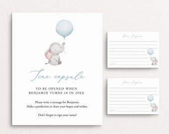 Boy Baby Shower Time Capsule Sign And Cards, First Birthday Time Capsule, Elephant Balloon Time Capsule Template, Baby Wishes, Templett C72