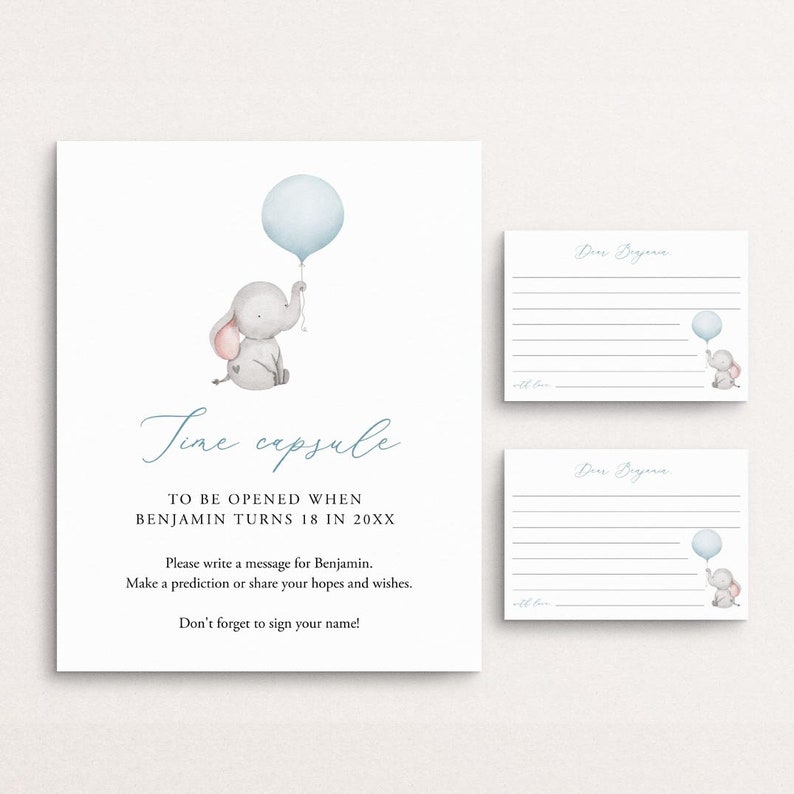 Boy Baby Shower Time Capsule Sign And Cards, First Birthday Time Capsule, Elephant Balloon Time Capsule Template, Baby Wishes, Templett C72 image 1
