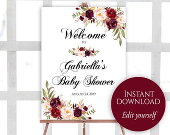 Welcome To Baby Shower, Editable Welcome Sign, Baby Shower Welcome Poster, Marsala, Baby Shower Welcome Sign Printable, PDF Template