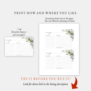 May include: Printable recipe cards with a green watercolor floral design. The cards have sections for ingredients, directions, and "from the kitchen of". The text "PRINT HOW AND WHERE YOU LIKE" is at the top of the image. The text "TRY IT BEFORE YOU BUY IT! Look for demo link in the listing description" is at the bottom of the image.