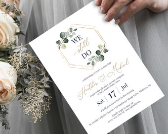 Greenery Vow Renewal Invitation Template, Instant Download, We Still Do Invitation, Wedding Anniversary Template, Foliage Gold Templett, C22