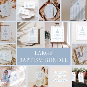 May include: A large baptism bundle with various printable designs, including a welcome sign, table numbers, a seating chart, and a custom sign. The designs feature a blue church building with a white cross on top. The bundle also includes a banner with the text "A God Bless Matthew" and a set of favor tags with a church building design.