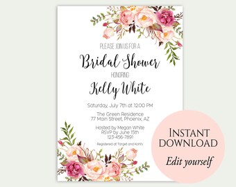 Bridal Shower Invitation, Editable Template, Bridal Shower Printable, Floral Bridal Shower, Chic Bridal Shower, DIY Bridal Shower, PDF, C1
