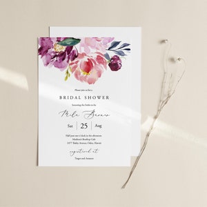 Plantilla de invitación para despedida de soltera en tonos morados y corales, invitación editable para despedida de soltera, invitación para despedida de soltera con flores para imprimir, Templett, C59 imagen 2