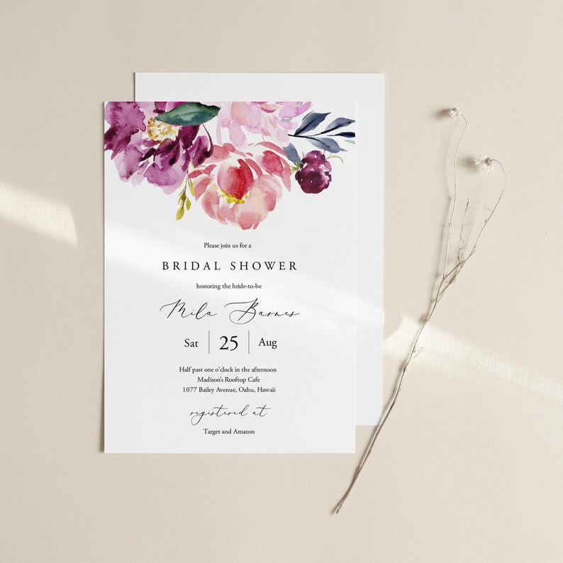 Plantilla de invitación para despedida de soltera en tonos morados y corales, invitación editable para despedida de soltera, invitación para despedida de soltera con flores para imprimir, Templett, C59 imagen 2