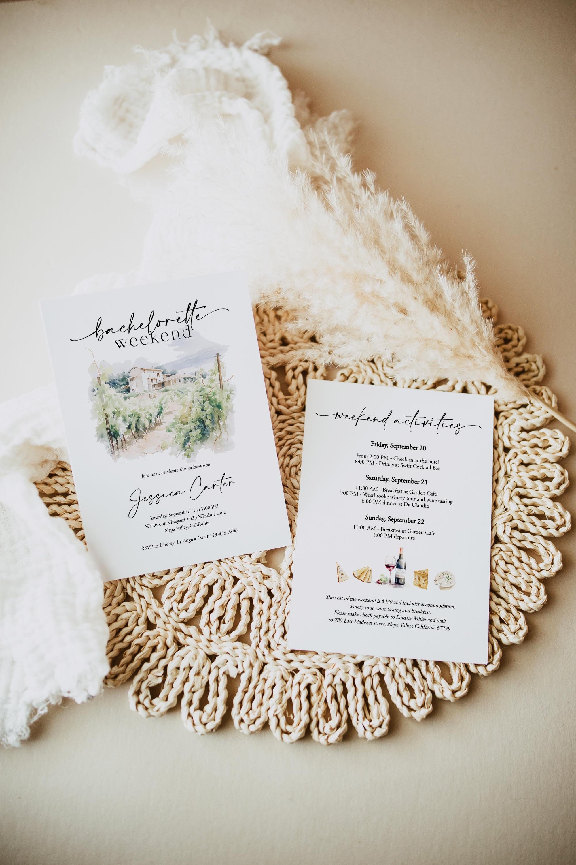 Wine Tasting Bachelorette Weekend Invitation With Itinerary Printable Vineyard Weekend Getaway Editable Wine Invite Template, Templett C102