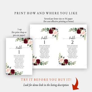 May include: Two printable wedding table cards with burgundy and blush floral designs. The cards are labeled "Table 1" and "Table 2" and list the names of guests assigned to each table.