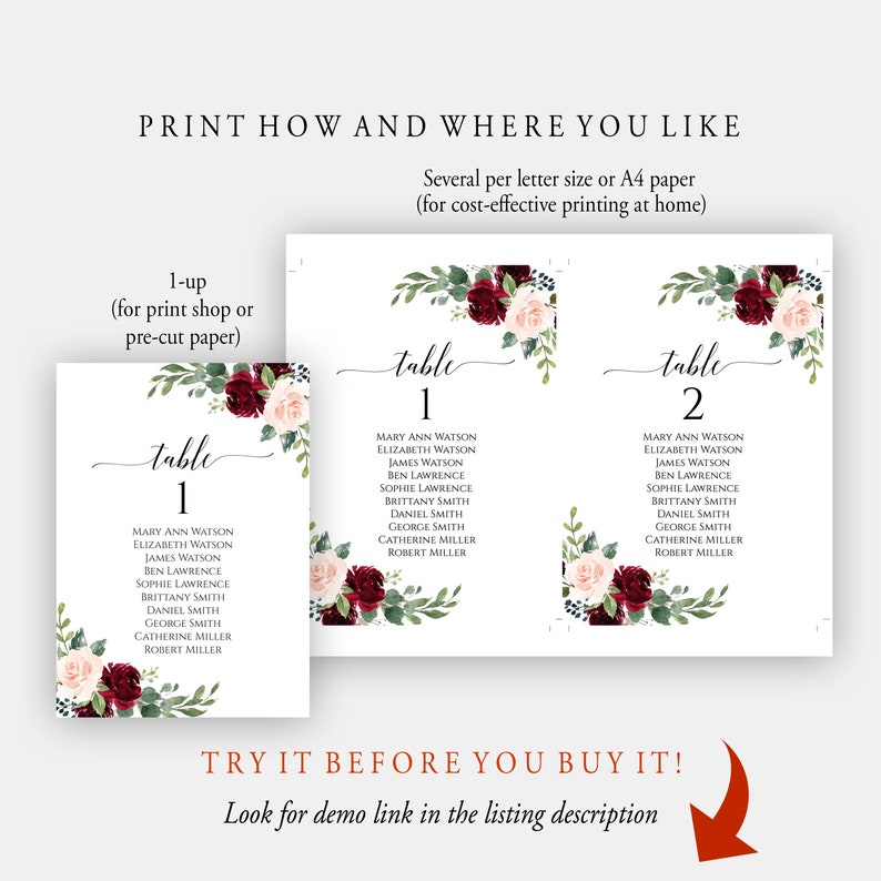 May include: Two printable wedding table cards with burgundy and blush floral designs. The cards are labeled "Table 1" and "Table 2" and list the names of guests assigned to each table.