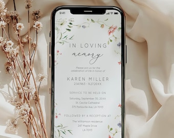 Funeral Announcement Smartphone Evite Template Funeral Invitation Evite Memorial Service Invite Wildflower Celebration Of Life Templett C124