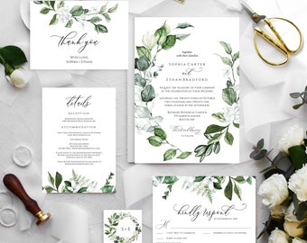 Greenery Wedding Invitation Suite, Fully Editable Invitation Set, Printable Invitation Template Download, Magnolia Wedding Set, Templett C39