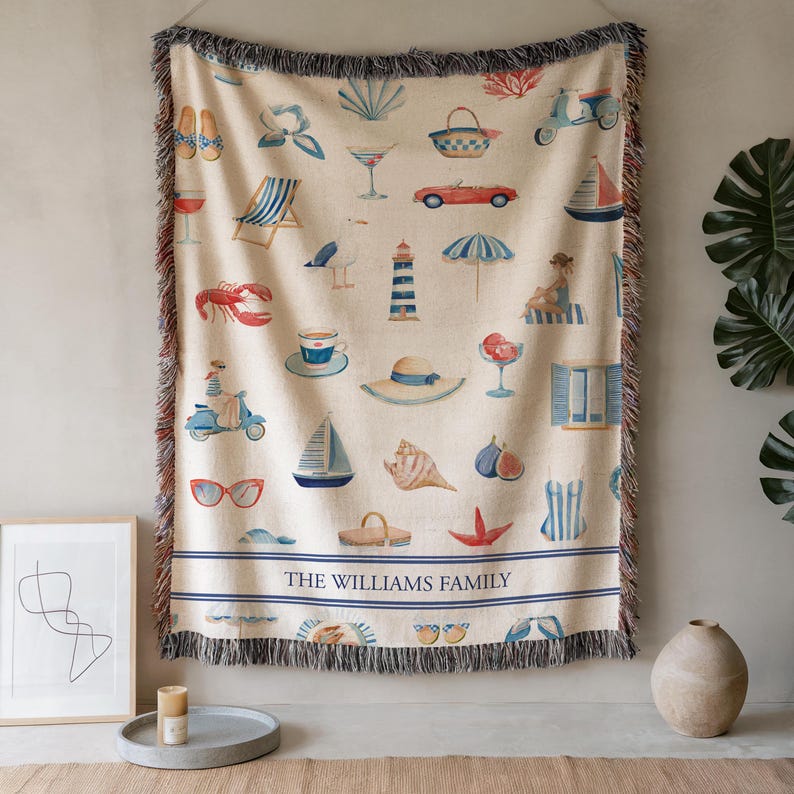 Personalized Gift Women Blanket Custom Text Option Woven Cotton Throw Beach House Aesthetic Coastal Living Decor French Riviera Inspired Design Soft Breathable Textile Mediterranean Seaside Style Nautical Home Accent Couch Throw Comfort