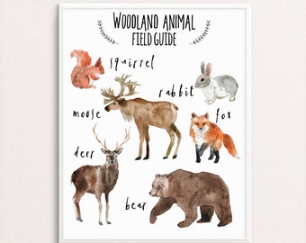 Woodland Animal Print, Field Guide, Nursery Decor, Baby Boy Nursery, Bear Wall Art, Forest Animal Print, Moose Art, Woodland Nursery Print