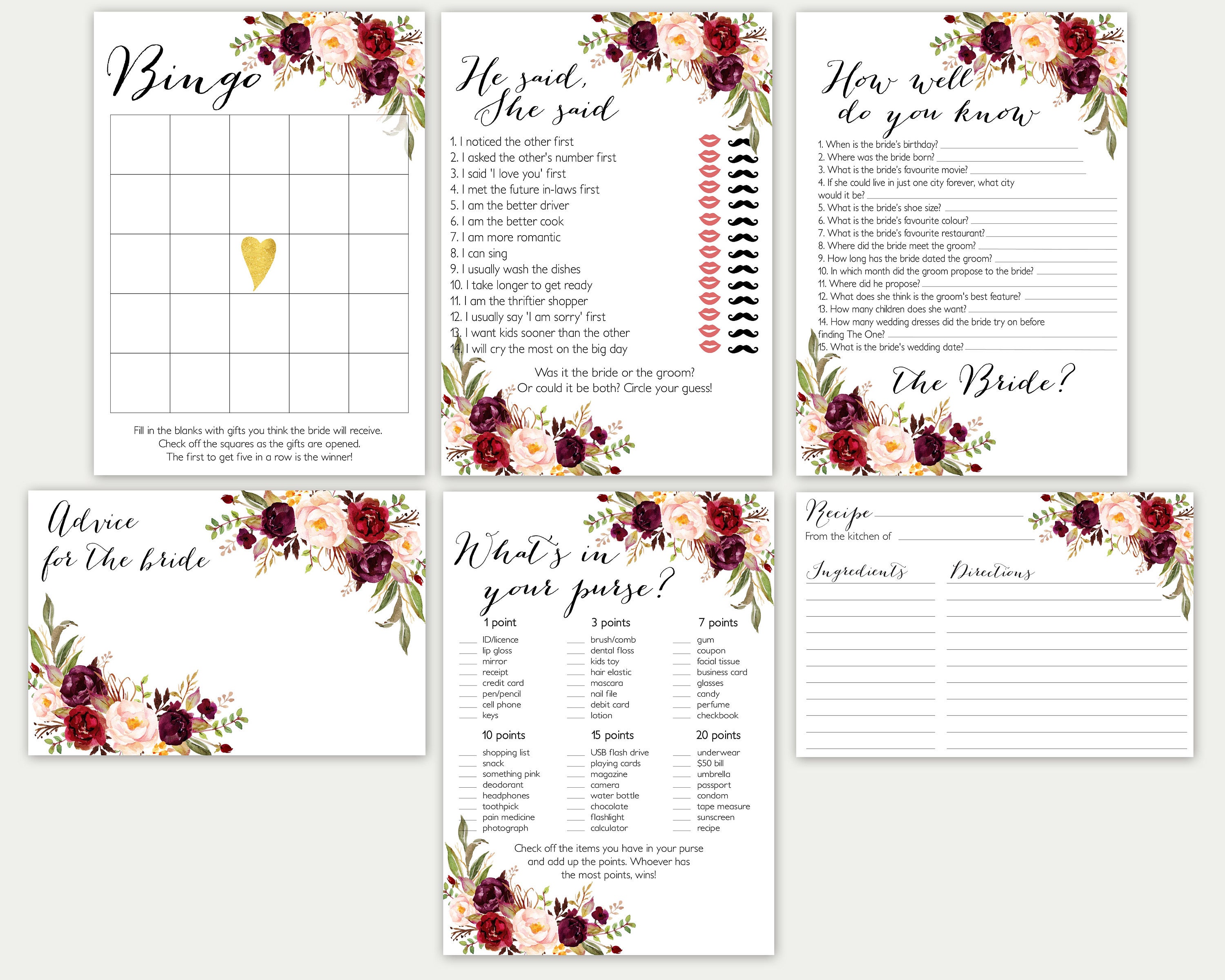 Bridal Shower Games Bridal Shower Game Set Bridal Game Set Etsy