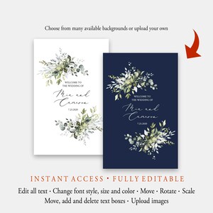 May include: Two editable wedding invitation templates with a white background and a navy blue background. Both templates feature a watercolor illustration of green leaves and white flowers. The text on the templates reads "Welcome to the wedding of Mia and Cameron 7.25.2020".
