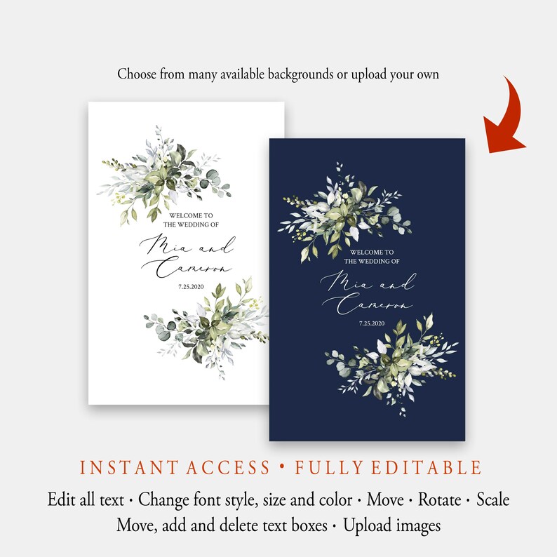 May include: Two editable wedding invitation templates with a white background and a navy blue background. Both templates feature a watercolor illustration of green leaves and white flowers. The text on the templates reads "Welcome to the wedding of Mia and Cameron 7.25.2020".