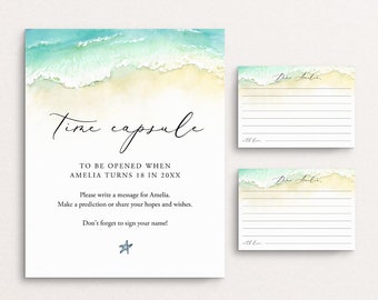 Beach Time Capsule Sign And Cards, First Birthday Ocean Time Capsule,  Seashore Baby Shower Time Capsule Template, Baby Wishes, Templett C56