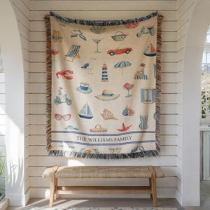 Beach House Blanket Woven Cotton Throw Soft Breathable Coverlet French Riviera Style Decor Coastal Nautical Design Personalized Gift Her B41 image 6