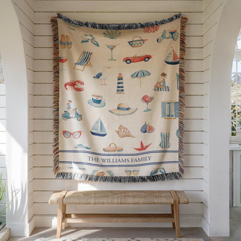 Beach House Blanket Woven Cotton Throw Soft Breathable Coverlet French Riviera Style Decor Coastal Nautical Design Personalized Gift Her B41 image 6