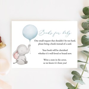 GEDRUKTE jongensboek verzoekkaart voor jongen blauwe ballon breng een boek mee in plaats van een kaart olifantenboekinzet jongensboeken voor babyshower insteekkaart P72