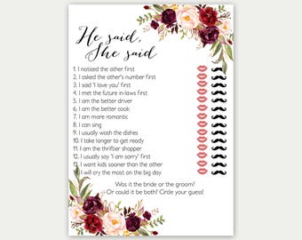 He Said She Said, Bridal Shower Game, He Said She Said Game, Floral Shower Game, Marsala Shower Game, Printable Game, Wedding Shower Game