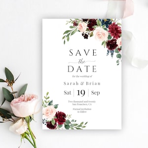 Speichern Sie das Datum Vorlage, sofortiger Download, speichern Sie die Datumskarten, Printable Save The Date, Burgund Save The Day lädt DIY ein, Templett, C6
