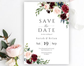 Save The Date Template, Instant Download, Save The Date Cards, Printable Save The Date, Burgundy Save The Day Invites DIY, Templett, C6