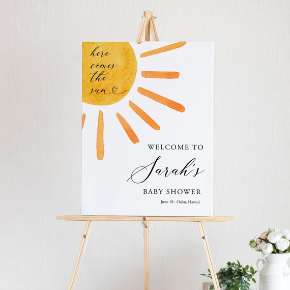 Boho Sunshine Baby Shower Welcome Sign Template, Here Comes The Sun Welcome Board, Printable Gender Neutral Welcome Sign, Templett C87
