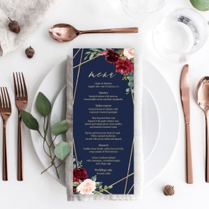 Szablon menu weselnego, karty menu weselnego, granatowy i złoty, edytowalne menu, szablon karty menu, granatowe menu, menu na imprezę, w pełni edytowalne, C14