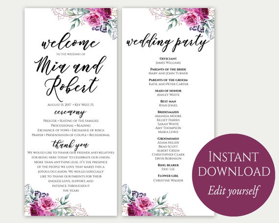 Wedding Program Template Ceremony Printable Template Etsy