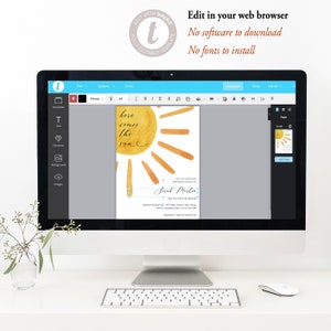 May include: A computer screen displaying a digital design template for a baby shower invitation. The design features a yellow sun with orange rays and the text "here comes the sun". The invitation is for a baby shower for Sarah Martin.