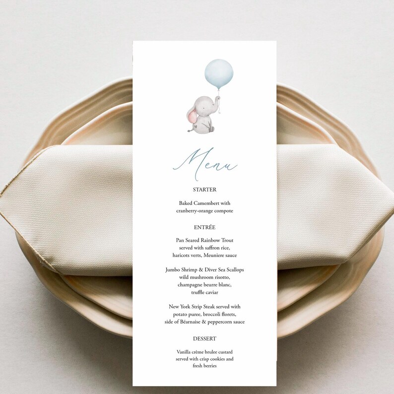 Elephant Menu Template Boy Baby Shower Menu Card Editable Birthday ...