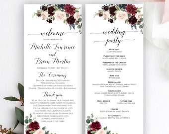 Editable Wedding Program Template, Fully Editable Printable Ceremony Template, Printable Wedding Program, Order Of Ceremony, Burgundy, C6