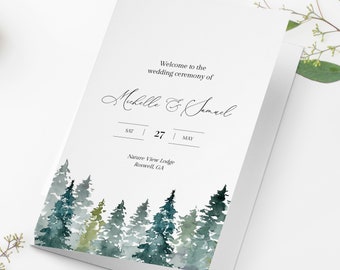 Forest Folded Wedding Program Template, Editable Folded Order Of Ceremony Long, Printable Christian Program Pines, Wilderness, Templett, C48