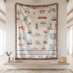Woven Cotton Throw Blanket Soft Breathable Textile Coastal Living Room Decor French Riviera Style Design Nautical Home Accent Personalized Custom Text Gift Women Beach House Essential Mediterranean Seaside Aesthetic Couch Throw Comfort