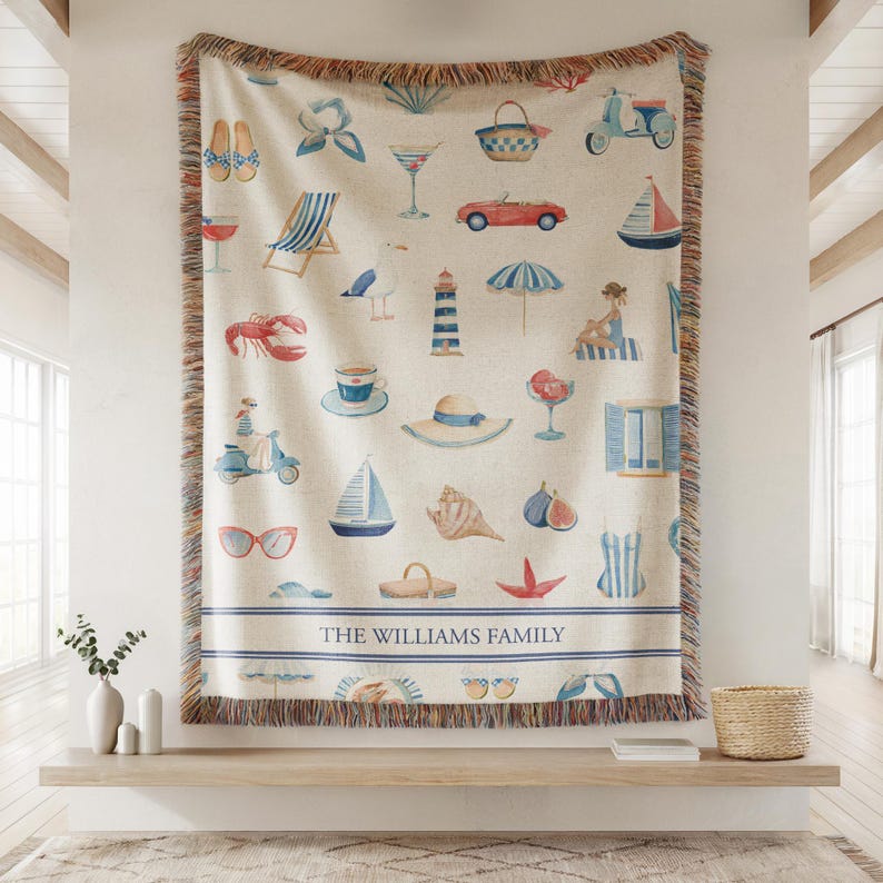 Woven Cotton Throw Blanket Soft Breathable Textile Coastal Living Room Decor French Riviera Style Design Nautical Home Accent Personalized Custom Text Gift Women Beach House Essential Mediterranean Seaside Aesthetic Couch Throw Comfort