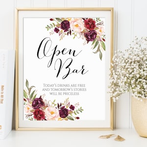 Open Bar Sign, Tonight&#39;s Drinks Are Free, Open Bar Wedding Sign, Wedding Drinks Sign, Wedding Alcohol Sign, Printable Open Bar Sign, Marsala