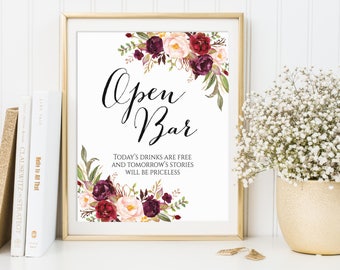 Open Bar Sign, Tonight's Drinks Are Free, Open Bar Wedding Sign, Wedding Drinks Sign, Wedding Alcohol Sign, Printable Open Bar Sign, Marsala