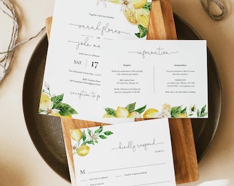 Lemon Wedding Invitation Set, Printable Citrus Invitation Template, Summer Wedding Invitation Suite, Editable Invitation Bundle Templett C68