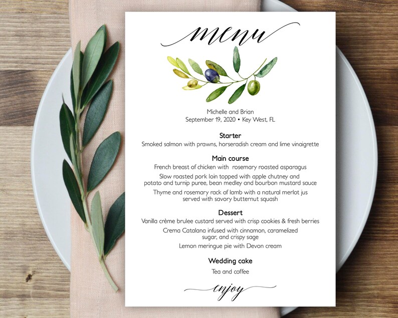 Olive Branch Menu Olive Menu Wedding Menu Template Italian Etsy