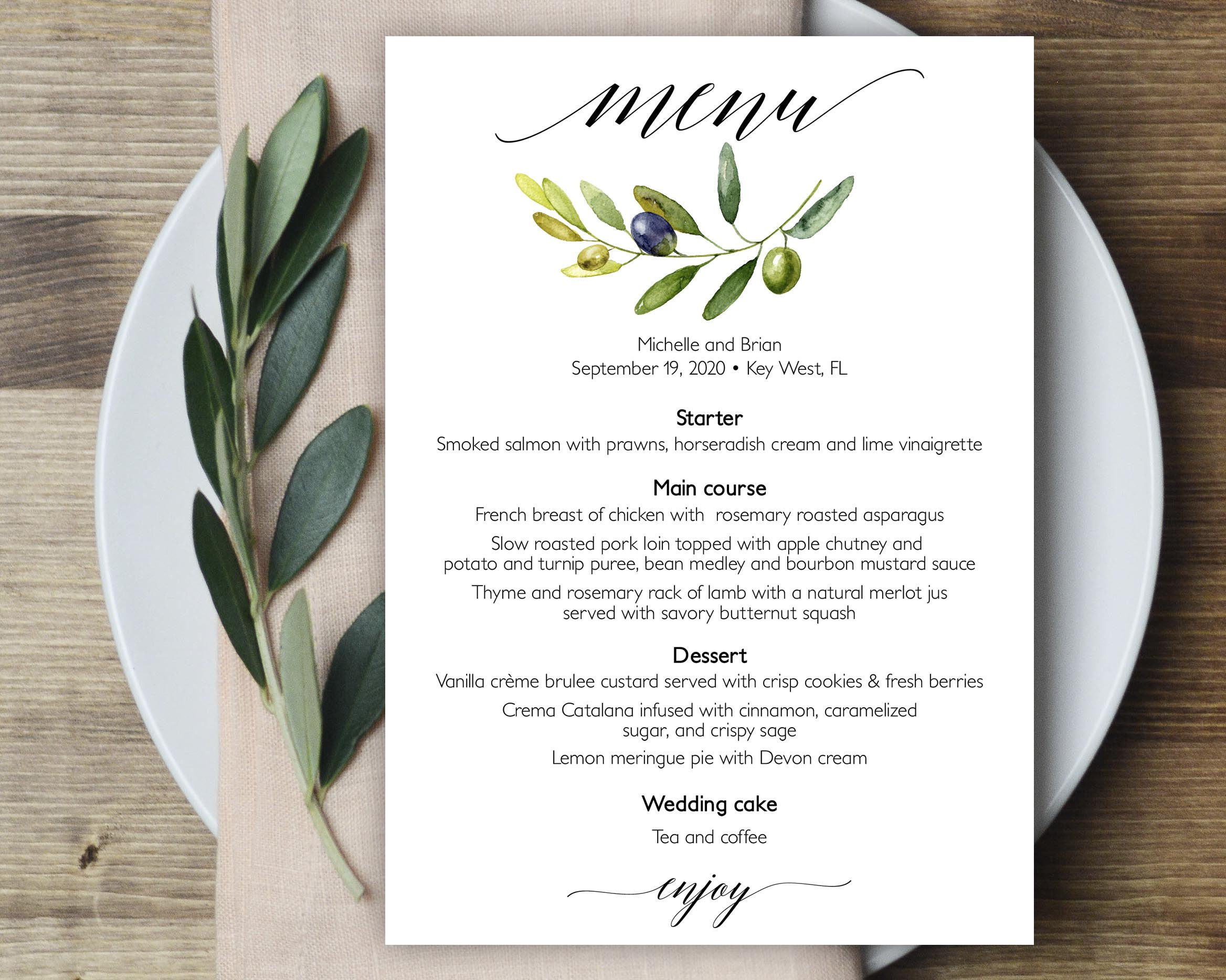 Olive Branch Menu Olive Menu Wedding Menu Template Italian Etsy