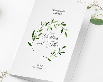 Folded Wedding Program Template, Fully Editable, Templett, Folded Ceremony Template Printable Greenery Wedding Program Order Of Ceremony C13