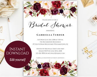 Bridal Shower Invitation, Editable, Printable Bridal Shower Invitation, Fall Bridal Shower, Marsala Bridal Shower, Instant Download, PDF