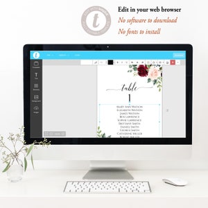 May include: A printable wedding table seating chart template with a floral design featuring burgundy, pink, and white flowers. The text "table 1" is at the top of the chart, and a list of names is below.