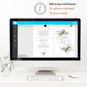 May include: A computer screen displaying a wedding invitation template with a watercolor design of eucalyptus leaves and branches. The text on the invitation reads "Welcome to the Wedding of Mia and Cameron 7.13.2020".
