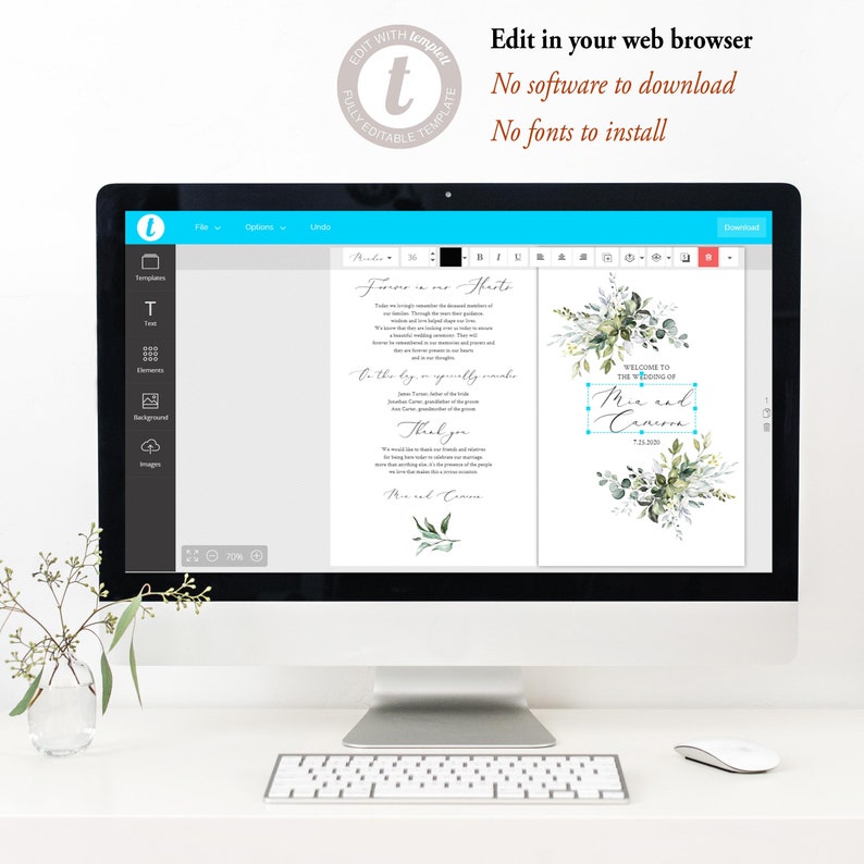 May include: A computer screen displaying a wedding invitation template with a watercolor design of eucalyptus leaves and branches. The text on the invitation reads "Welcome to the Wedding of Mia and Cameron 7.13.2020".