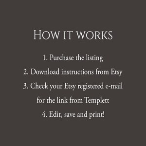 Pu&ograve; includere: Come utilizzare un modello digitale stampabile: Acquista l'elenco, scarica le istruzioni da Etsy, controlla la tua email registrata su Etsy per il link da Templett, quindi modifica, salva e stampa.
