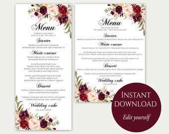 Modèle de menu de mariage, cartes de menu de mariage, cartes de menu, menu modifiable, modèle de carte de menu, menu Marsala, menu de fête, téléchargement immédiat, menu