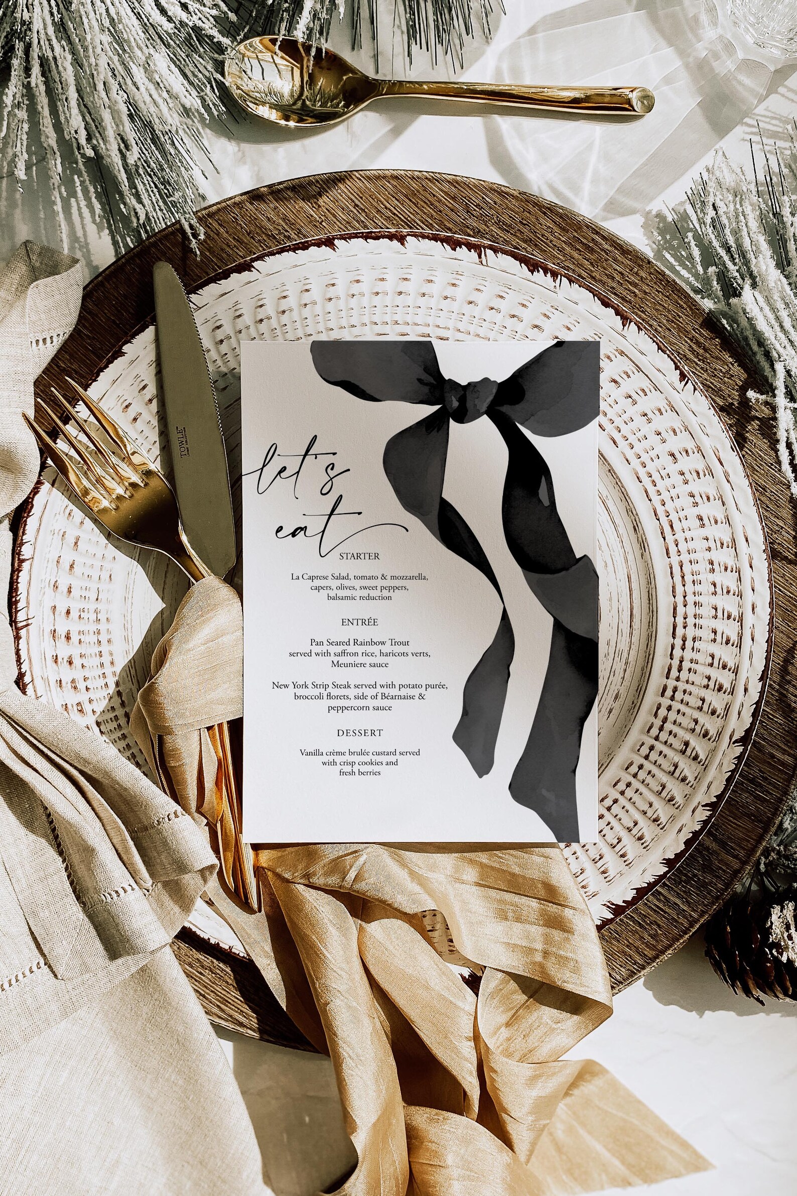 Bow Menu Template Ribbon Wedding Menu Card Black Bow Menu Slim Menu ...