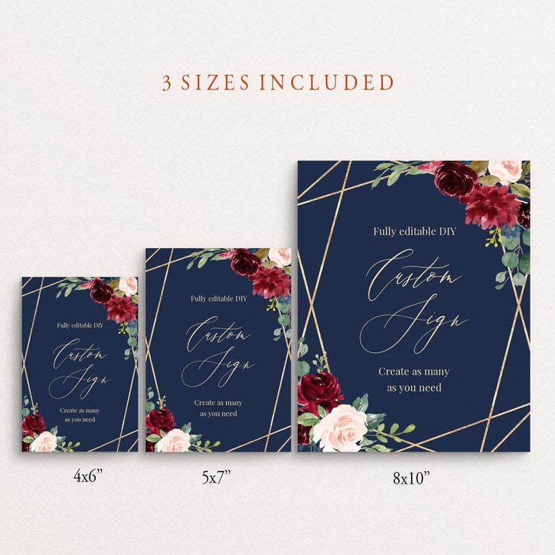 C14 Custom Wedding Sign Template Templett Printable Wedding Signs Floral DIY Wedding Sign Editable Navy And Gold Personalized Sign