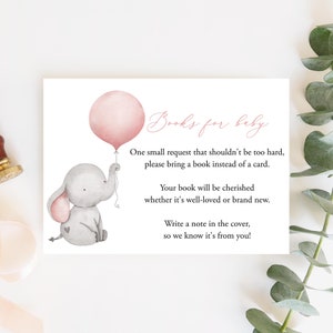 Boekverzoek meisjes, roze ballon, breng een boek mee in plaats van een kaart, bijsluiter, meisjesboeken voor baby, olifant babyshower inlegvel, Templett, C72